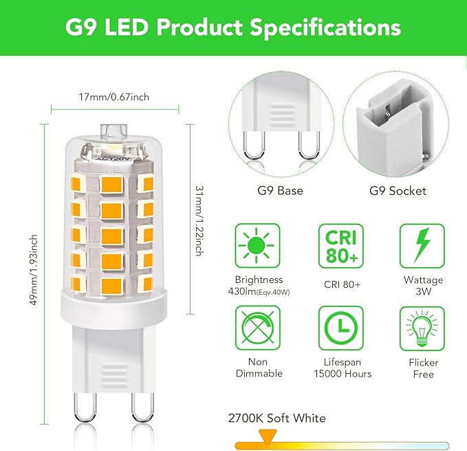 BUBO G9 LED Bulb 2700K Soft White 430 Lumens, 3W Equivalent 40W T4 G9 Halogen Replacement, 360°Beam Angle 120V Non-Dimmable No-Flicker G9 Light Bulbs for Crystal Chandelier Lighting, 40 Pack