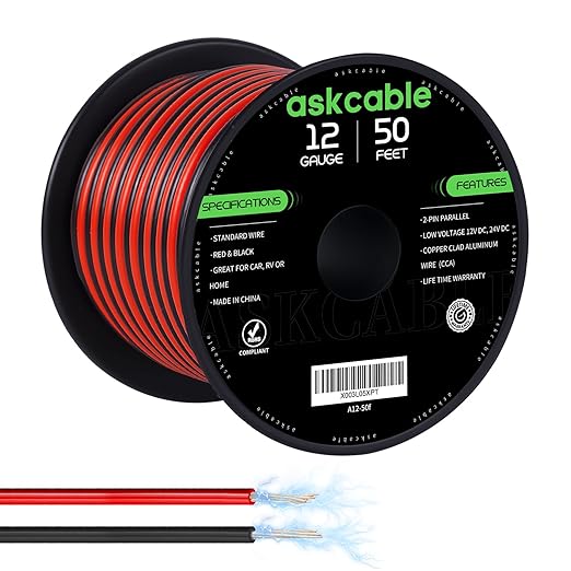 12 Gauge Wire, 12 AWG Electrical Wire Cable, 2 Conductors Red Black Wire, Copper Clad Aluminum(CCA) Flexible PVC Extension Cord for Speaker, Hookup LED Strips, Automotive 12V/24V DC (50FT)