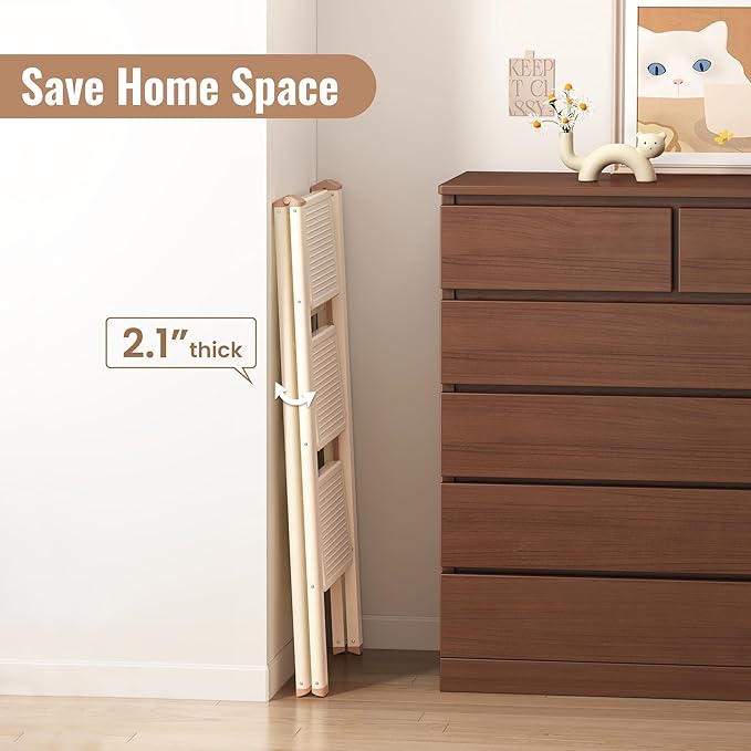 GameGem 3 Step Ladder, 3 Step Stool for Adults, Folding Step Ladder with Secure Footing, Widened Pedal, Aesthetically Pleasing Looking, Blends Right into Domestic Rooms, Cream Chocolate