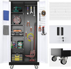 Broom Closet Storage Cabinet with Hanging Rod, 71" H Garage Storage Cabinet with Wheels and Pegboard & 13 Hooks for Garage, Home, Metal Cabinets, Black and White