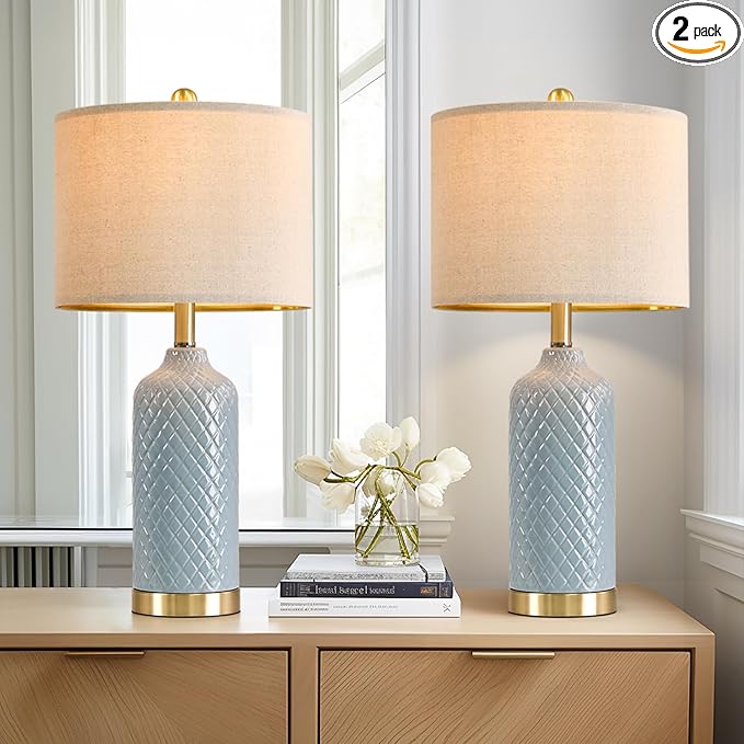24.25" Modern Ceramic Blue Table Lamps Set of 2 for Living Room, Farmhouse, Bedside, Coastal Bedroom, Side & End Tables