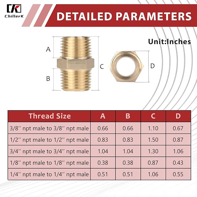 Hex Couplings, 1/4" NPT Male To Male Brass Hex Nipple Adapters, Brass Pipe Extension Fittings for Oil/Air/Water/Gas Systems. (2 Pack)