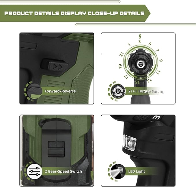 17V Brushless Power Drill Cordless, 55Nm Electric Drill Set with 2 1500mAh Batteries, 2 Variable Speed, 20+1 Torque Setting and LED Work Light