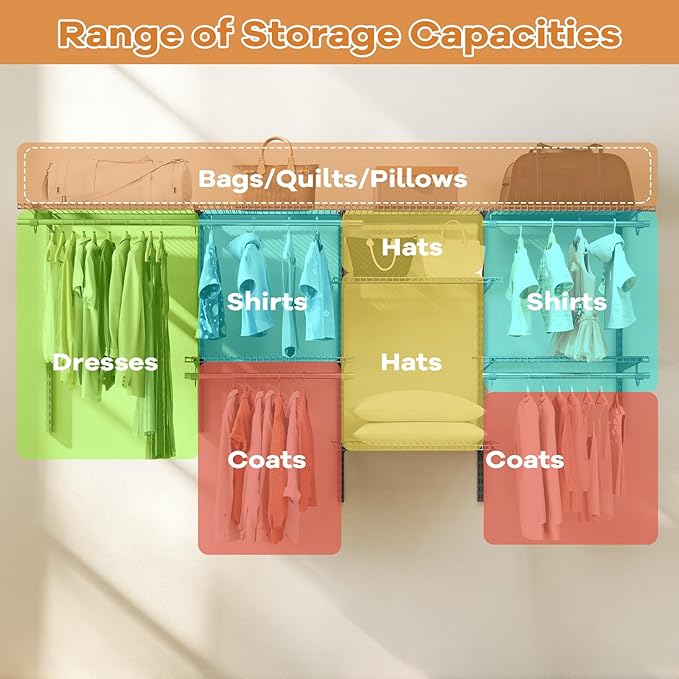 Giantex Closet Organizer System, Wall-mounted Custom Closet Kit w/Adjustable Storage Shelves, Wardrobe Clothes Rack w/Hanging Rods, Perfect for Coats, Pillows, Blanket (White, 98.5"x13.5"x48)