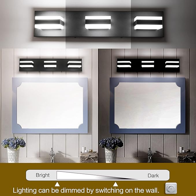 SOLFART Black Bathroom Vanity Light Fixtures Over Mirror LED Dimmable 3 Lights Bath Lighting Restroom Light Modern Vanity Lights for Bathroom Bath Lights