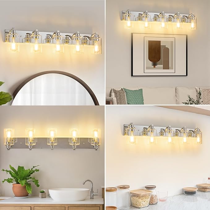 5-Light Bathroom Light Fixtures Modern Chrome Vanity Lights for Bathroom Lighting Fixtures Over Mirror with Clear Glass Shade for Cabinet Mirror Bedroom Hallway