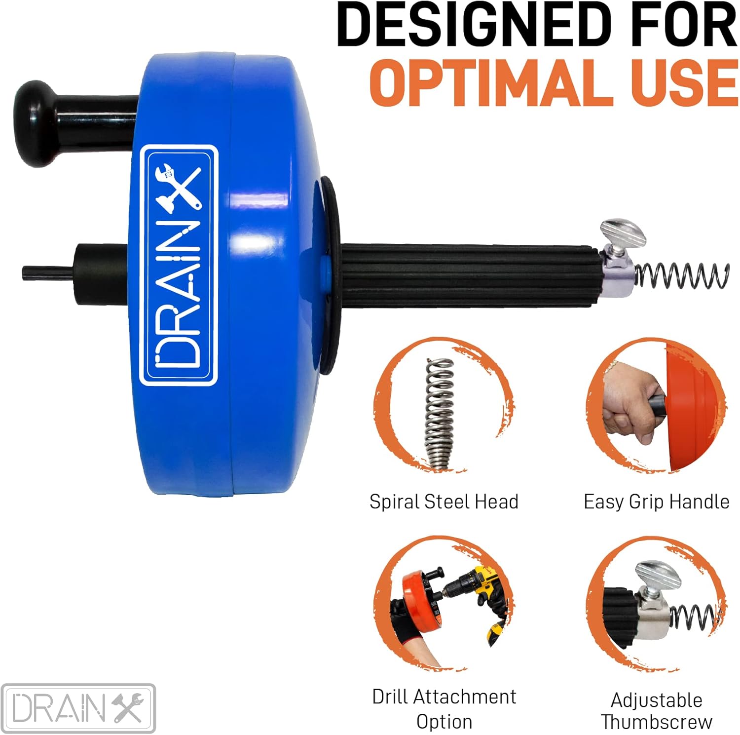 DrainX 35-FT Steel Power Pro Drum Auger Plumbing Snake with Drill Attachment | Use Manually or Powered | Heavy Duty Cable with Work Gloves and Storage Bag Included