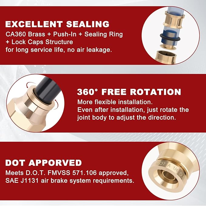 1/4” Quick Push to Connect Fittings Brass Male Straight and Elbow Combination DOT Approved 1/4" Tube OD x 1/8" NPT Thread Air Brake Line Adapter Air Suspension Kit Air Hose Repair Kit 30pcs