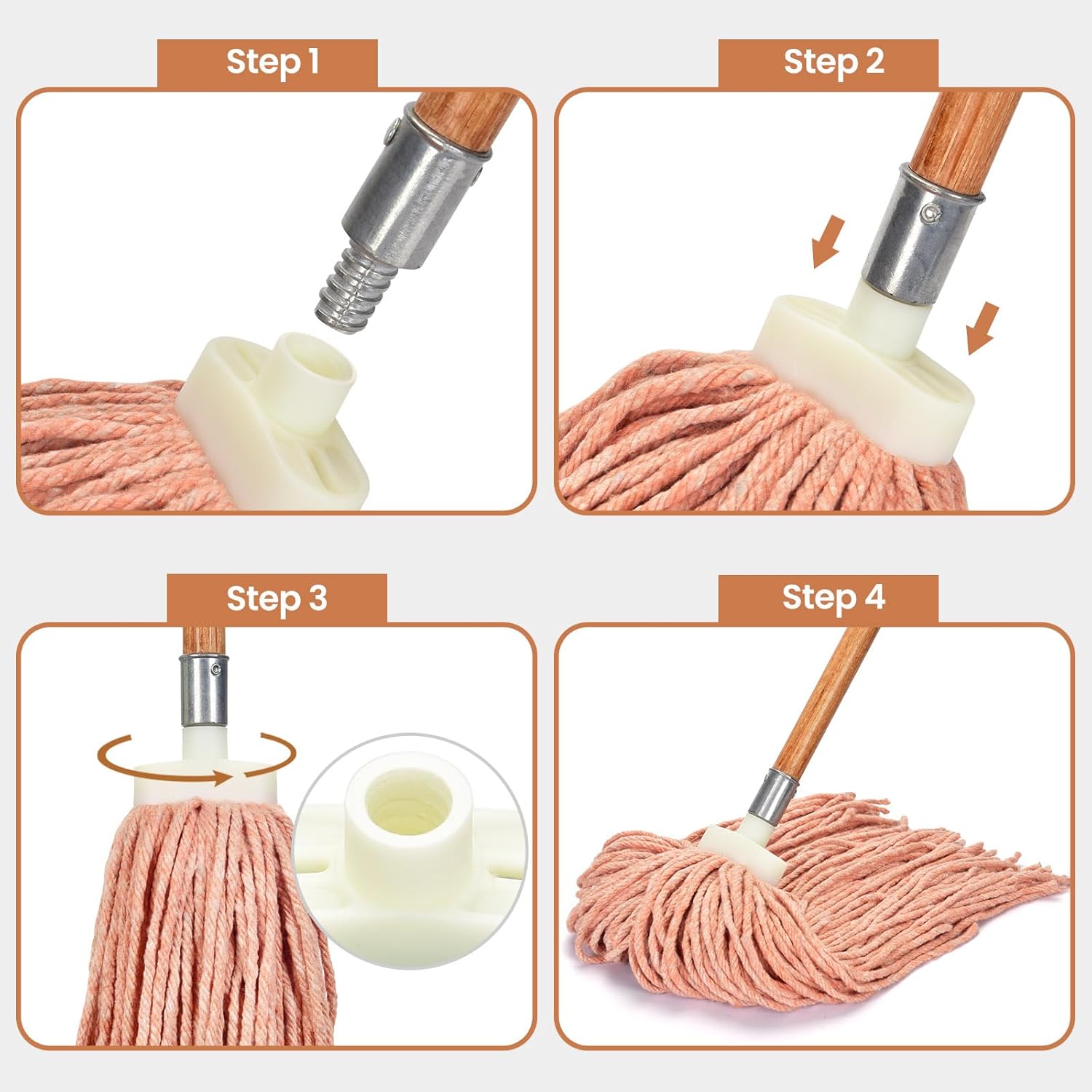 Matthew Cleaning Screw-on Heavy Duty Cotton Wet Mop Replacement Heads(Orange, Medium,12 Pack) with 2 Pack Microfiber Cloth for Residential & Commercial Floor Cleaning Use- Fit Standard American Screw