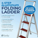 Step Ladder 4 Step Folding, Decorative - Beautiful Mahogany & Silver Aluminum, Ultra Slim Profile, Anti Slip Steps, Sturdy-Portable for Home, Office, Kitchen, Photography Use,by SORFEY