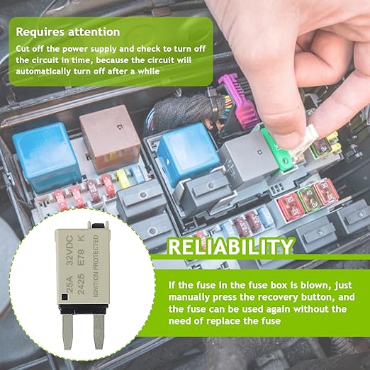 25A DC 12V-32V Manual Reset Circuit Breaker ATM Low Profile T1 Mini Blade Fuses Breakers for Car Trucks Marine Boat RV Solar and More,2 Pack