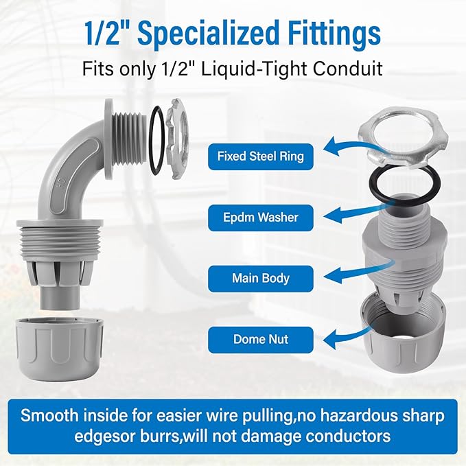 1/2-Inch Electrical Conduit Connector Kit,8-Pack Nonmetallic Plastic Liquid Tight Connector with 5 Straight,3 90 Degree Angle Fittings