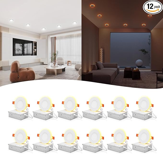 12 Pack 3 Inch Recessed LED Lights with Night Light, Canless Ultra Thin Wafer Recessed Lighting Downlight with Junction Box, Dimmable & 5 Color Temperature Selectable, 6W, ETL, White