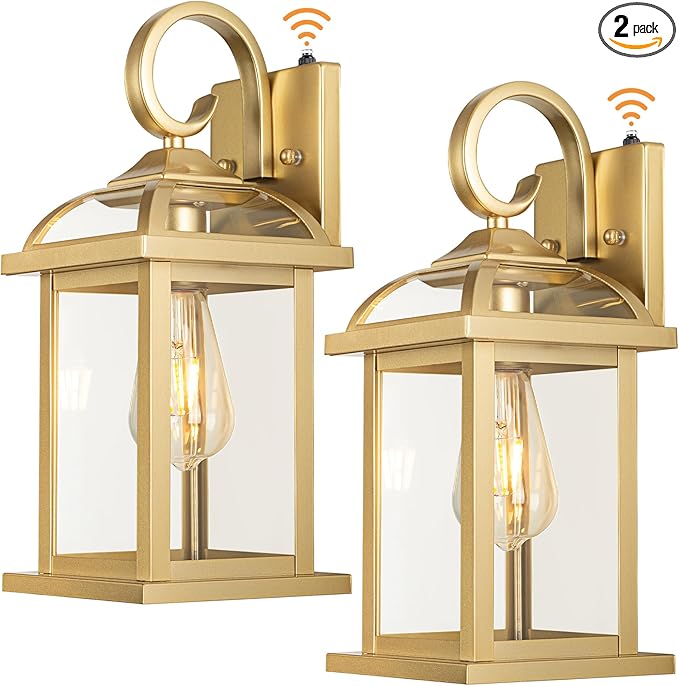 Dusk to Dawn Gold Porch Light 2-Pack 15 Inch, Aluminum Anti-Rust Large Outdoor Wall Lanterns with IP65 Waterproof Clear Glass Brass Outdoor Lights for House Photocell Patio Carriage Lights