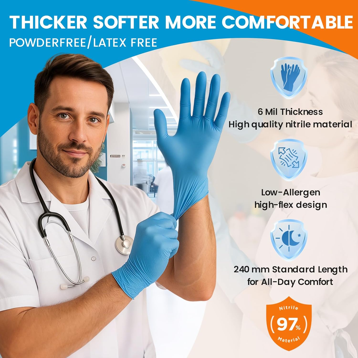 Nitrile Exam Gloves 6mil – Latex-Free, Powder-Free, Textured for Cleaning and Food Handling (Blue of 1000, X-Large)