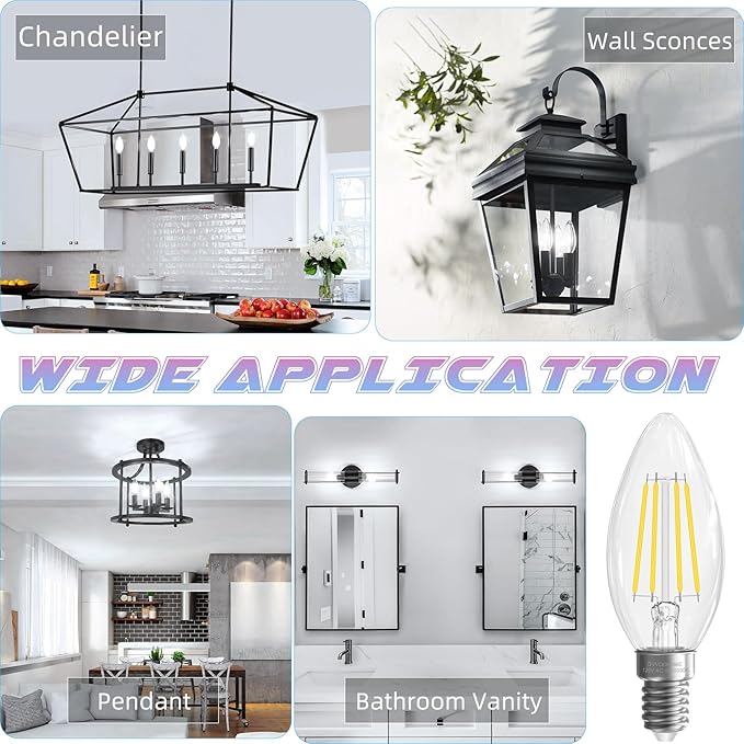 E12 Candelabra Bulb, 5000K Daylight, 6W Equivalent to 60 watt, E12 LED Bulb Non-Dimmable, Chandelier Light Bulbs, B10 Candle Light Bulbs, 90+CRI, 600LM, Cear Glass, 12 Pack