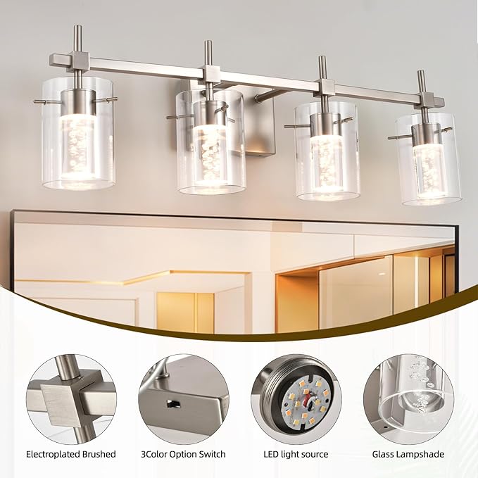 Bathroom Light Fixtures 4-Light, Brushed Nickel Vanity Light Over Mirror Dimmable 3 Color (3000K/4000K/6000K), Eye Protection LED Bathroom Lights Wall lamp Over Mirror with Clear Glass Shade