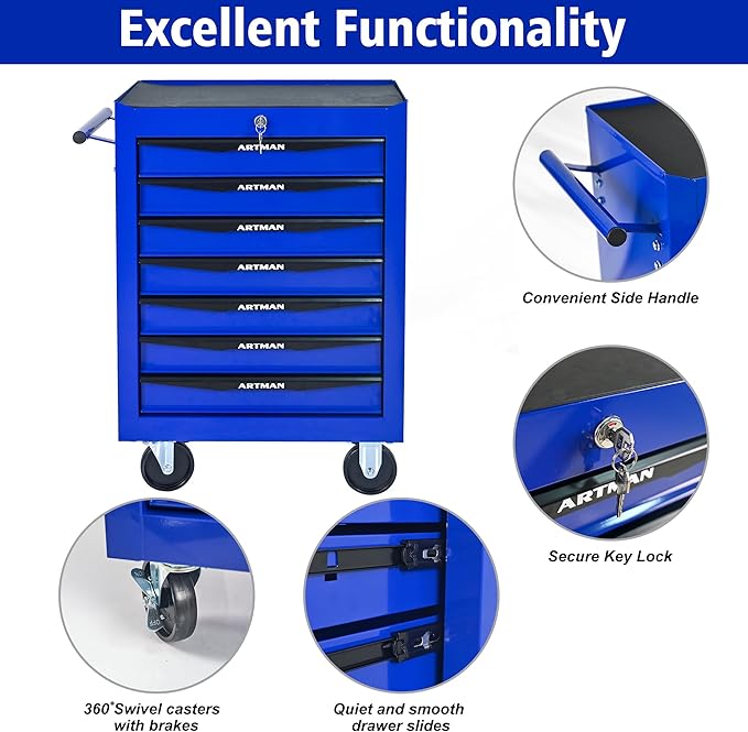 7 Drawers Rolling Tool Box on Wheels, Multifunctional Tool Chest Cabinet with Lock, Drawers Rolling Tool Cart Trolley Organizer Tool Storage Case for Warehouse,Garage,Workshop (Blue)