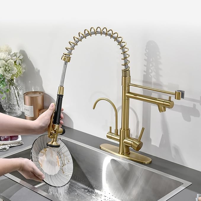 Fapully Brushed Gold Commercial Kitchen Faucet with Pull Down Sprayer and Water Filter,3 in 1 Kitchen Faucets with Drinking Water Faucet