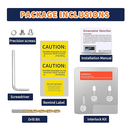 Generator Interlock Kit Compatible with Square D QO or Homeline 150 or 200 amp Panels, 1 3/8 inches Spacing Between Main and Generator Breaker，Use Portable Power Sources Safely During Power Outages