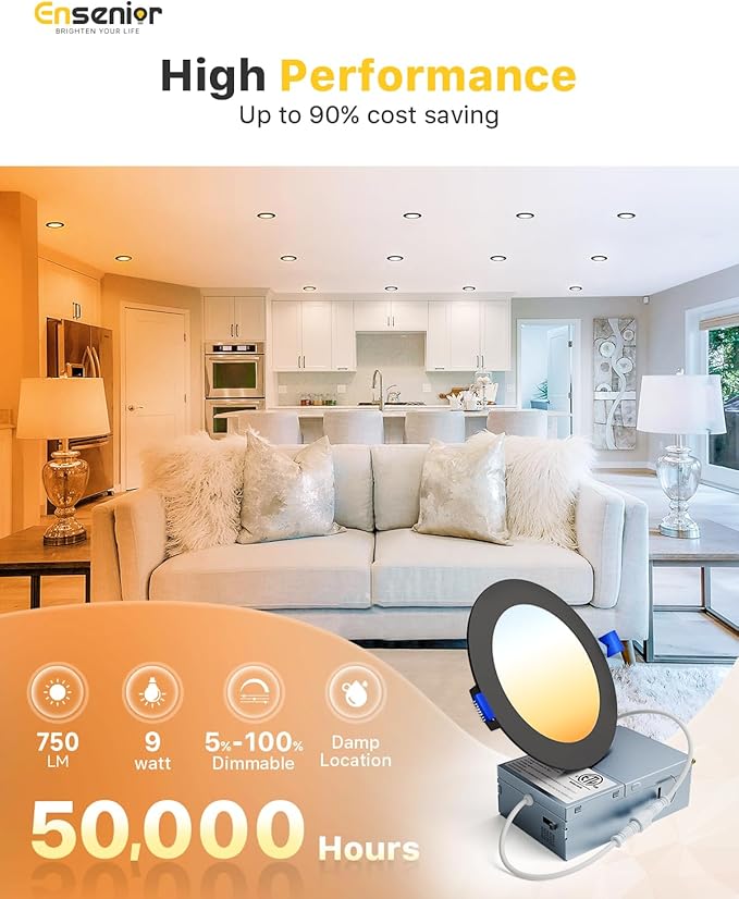 Ensenior 6 Pack 4 Inch LED Recessed Light, Dimmable, 2700K-5000K 5CCT, 750LM High Brightness, 9W 120V, Damp Rated, Ultra-Thin Canless Wafer Light, Black - ETL & FCC & IC