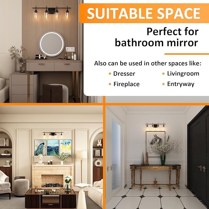 Vanity Bathroom Light, 4-Light Bathroom Light Fixtures Over Mirror, Black Vanity Lights for Bathroom with Clear Glass, Modern Wall Lamp for Cabinet Hallway, Bedroom