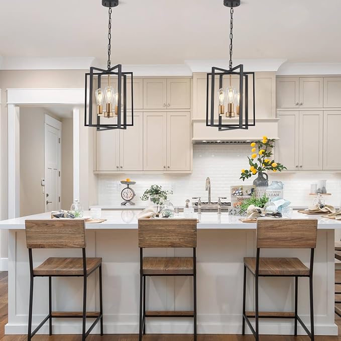 Black Gold Chandelier for Dining Room, Modern Farmhouse 3 Light Entryway Pendant Light Fixture Adjustable Geometric Industrial Rustic Foyer Light for Living Room Kitchen Island Hallway Bedroom