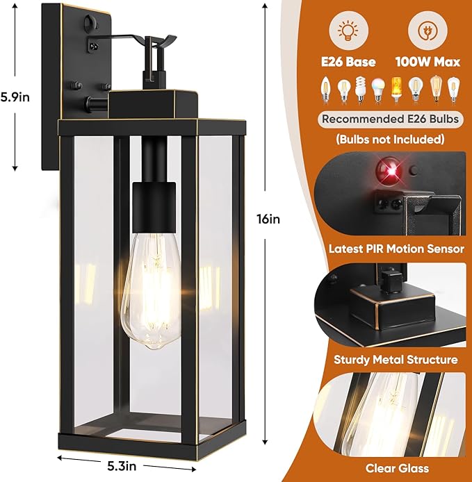 BesLowe 16” Upgraded Motion Sensor Outdoor Wall Lights, Dusk to Dawn Porch Lights Outdoor Wall Sconces, 3 Lighting Modes Exterior Lighting Fixtures with Hooks, Bronze Outside Lights for House, 2-Pack