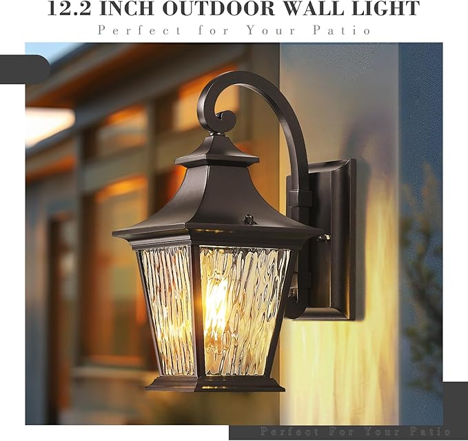 Emliviar 2 Pack Outdoor Wall Lights, Exterior Wall Lantern Sconce for Garage Patio, Oil Rubbed Bronze Finish with Water Ripple Glass, XE219B-2PK ORB