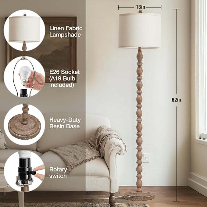 Luvkczc 62" Farmhouse Floor Lamp for Living Room & Bedroom - 3-Color Temperature Standing Lamp, Vintage Rustic Tall Floor Lamps with Rotary Switch, Resin Corner Lamps for Office (Dark Brown)