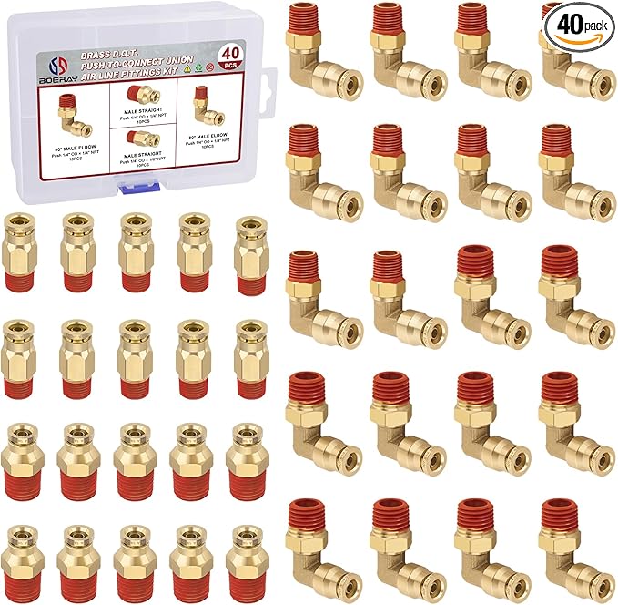 1/4” Quick Push to Connect Fittings Brass Male Straight and Elbow Combination DOT Approved 1/4 Tube OD to 1/4 and 1/8 NPT DOT Air Line Fittings Kit Air Suspension Kit Air Hose Repair Kit 40pcs