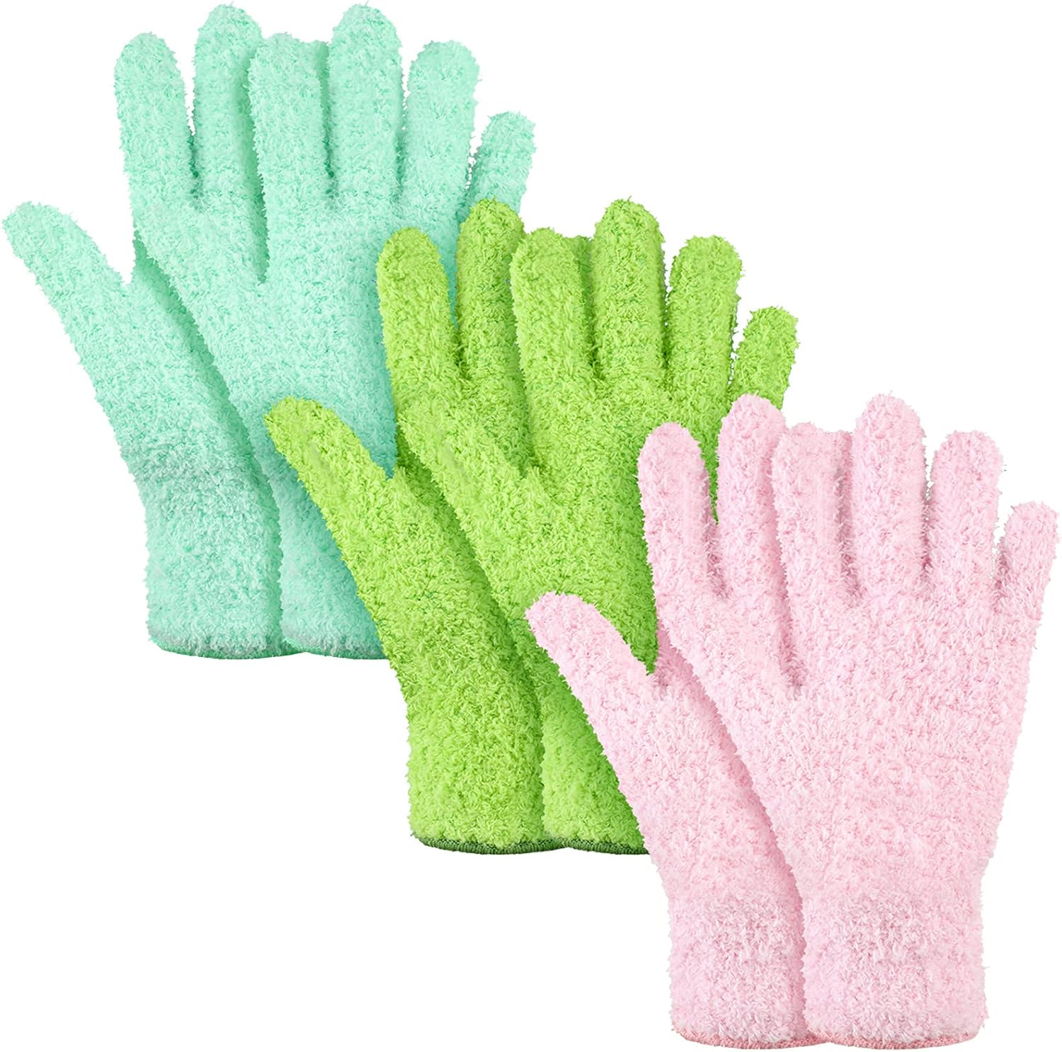 Patelai 3 Pairs Microfiber Plant Dusting Gloves Leaf Cleaning Gloves for Indoor Plants, Blinds, Furniture, House(Green Yellow, Blue, Pink,Medium)