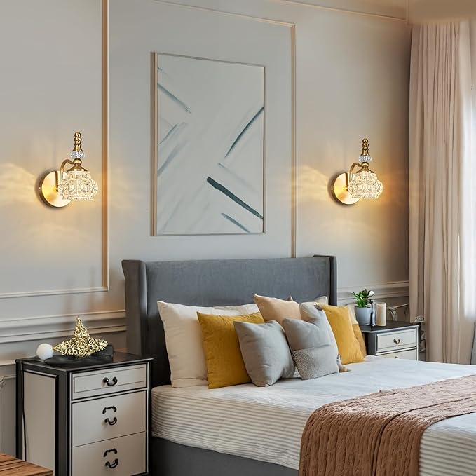 Modern Wall Sconce Set of Two Indoor Lamp Gold Vintage Glass Light Bathroom Vanity Fixture Wall-Mounted Room Lighting
