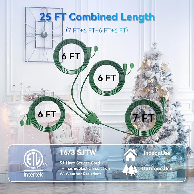K KASONIC - 25 FT Halloween Lights Outdoor Extension Cord 1 to 3 Splitter, 3 Prong Outlets Plugs, 16AWG/3C SJTW Weatherproof Wire for Holiday Decoration Light, ETL Listed, Green