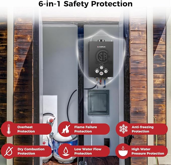 CAMPLUX Portable Tankless Water Heater 1.58 GPM, BW158B Outdoor Propane Water Heater Camping, 41,000 BTU, Black