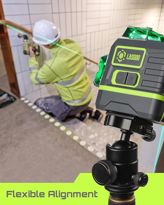 LasGoo Laser Level Self Leveling 360°x3 Green Cross Line Laser Tool for Construction and Picture Hanging, Remote Control, Professional Magnetic Rotating Stand, 2 Rechargeable Batteries - LG-3Ds