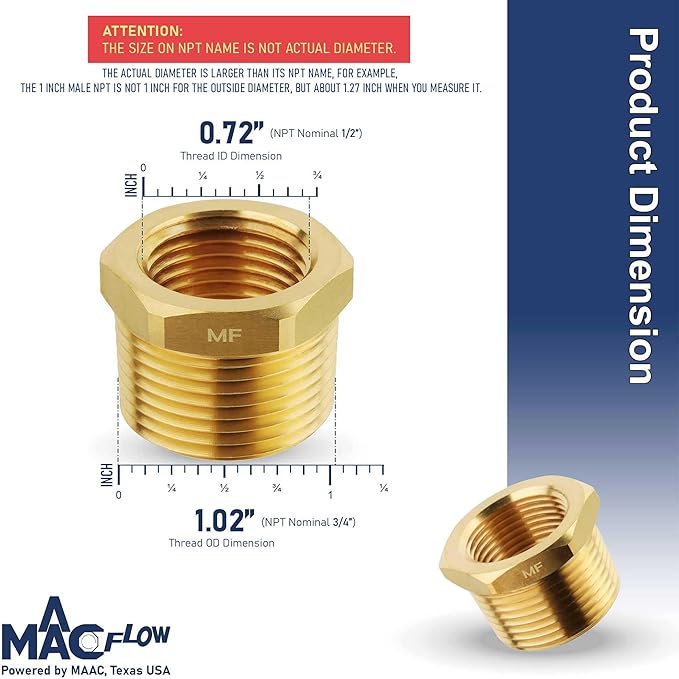 MAACFLOW brass 3/4" Male NPT to 1/2" Female NPT Adapter Reducer Hex Bushing (Thread OD1.02" - ID 0.72") (Pack of 1)