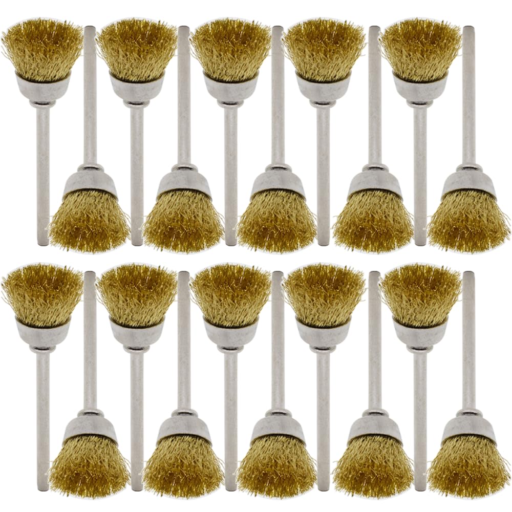 20PCS Brass Wire Brushes - Metal Rust Removal, Cleaning, and Polishing - 15mm Diameter, 1/8″ (3mm) Shaft - Removes Burrs, Dust, and Oxide Layer - Handles Rough Surfaces - Rotary Tool Accessories