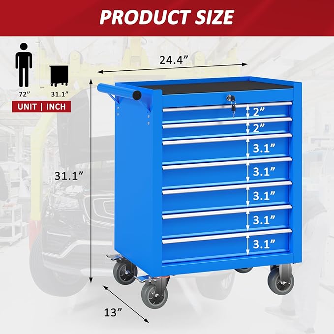 7 Drawers Rolling Tool Chest with Wheels, Portable Rolling Tool Boxes with Wheels, Tool Box Storage Cabinet with Locking System for Garage (Blue, 7 Drawers)