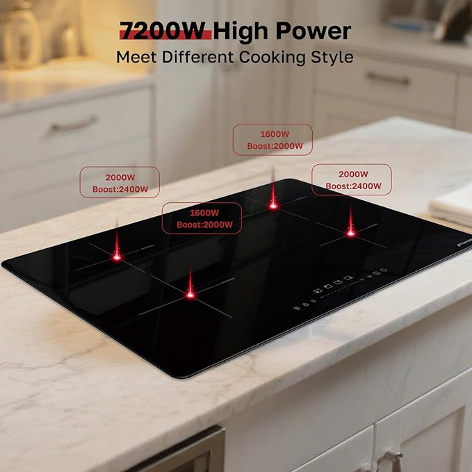 ThermoMate 30 Inch Induction Cooktop, 7200W Built in Induction Stove Top, Electric Cooktop with 4 Boost Burner, 9 Heating Level, Timer & Child Safety Lock, Sensor Touch Control, 240V