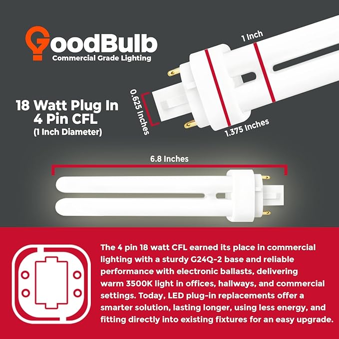 GoodBulb 18 Watt CFL Light Bulbs 4 Pin G24Q-2 Base 3500K Neutral White 18W High Output 1200 Lumens Double Tube Compact Fluorescent Light Bulbs Plug-in 10 Pack