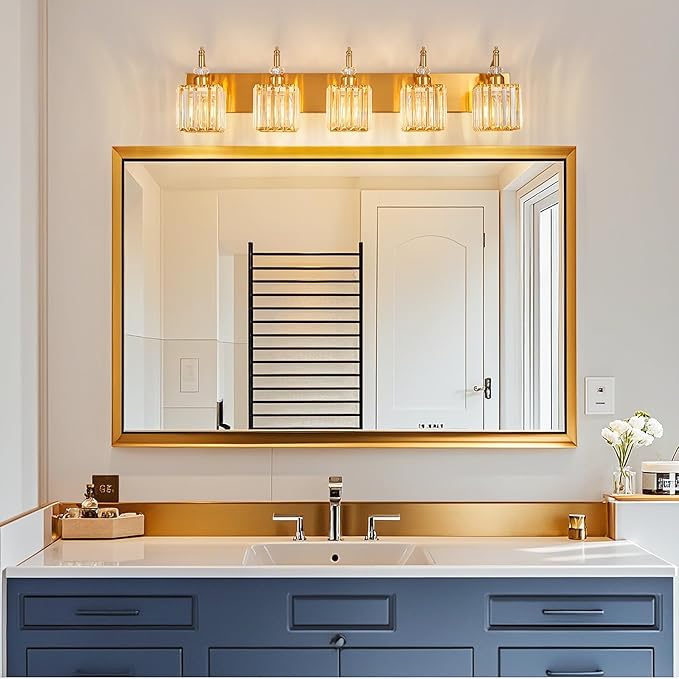 5-Light Crystal Vanity Lights - Gold, Modern Over-Mirror Bathroom Light Fixtures