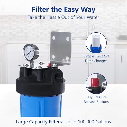 Express Water Whole House Water Filter, 1 Stage Home Water Filtration System, Sediment Filter, Includes Pressure Gauges, Easy Release, and 1 Inch Connections.