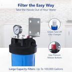Express Water Whole House Water Filter, 1 Stage Home Water Filtration System, Sediment Filter, Includes Pressure Gauges, Easy Release, and 1 Inch Connections.
