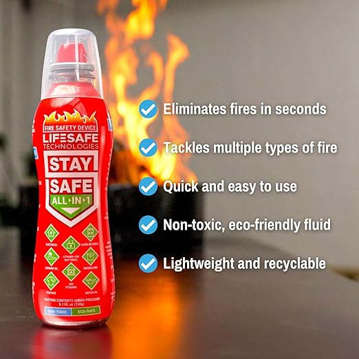 LifeSafe Technologies StaySafe All-in-1 Portable Fire Extinguisher, Compact Fire Spray Easy to use on 10 Types of Fires, Non-Toxic & Eco-Friendly