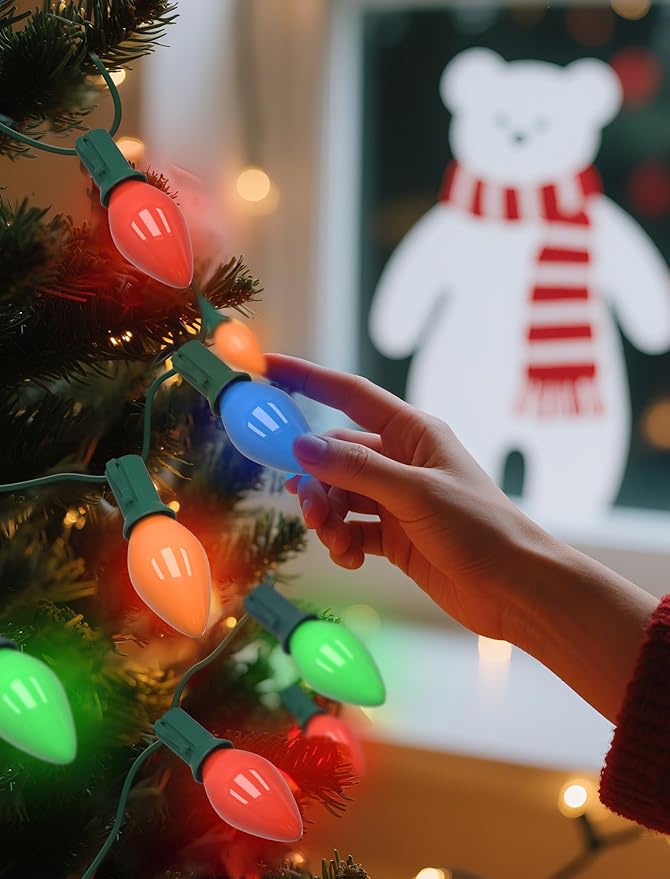 SUNSGNE Christmas Replacement Light Bulbs, C7 LED Ceramic Glass Multicolor Christmas Bulbs, 25 Pack, C7/E12 Candelabra Base, 0.6 Watt