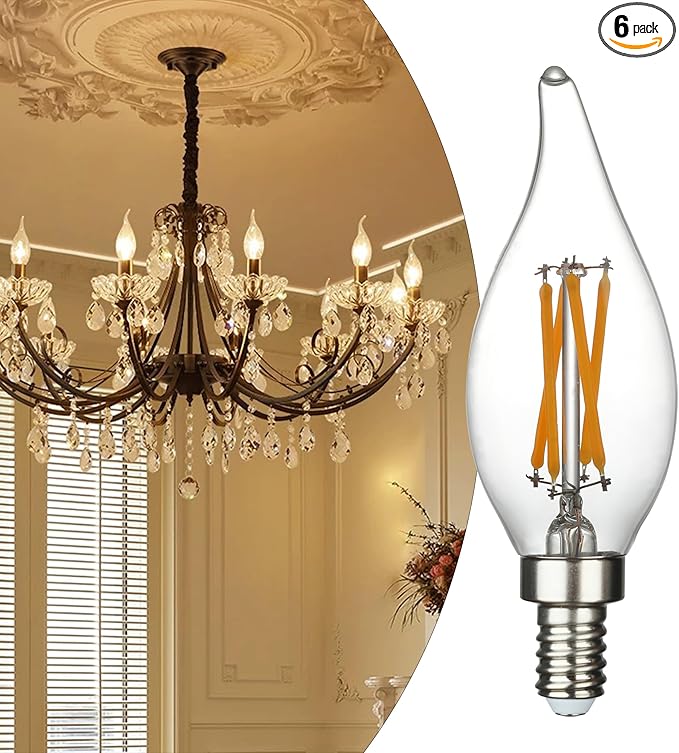 6 Pack E12 Led Light Bulbs, 40 Watt Equivalent 4W, CA10 2700K Warm White 400LM Dimmable Chandelier Bulbs, High Brightness Candelabra Bulbs, CA11 Clear Flame Tip Light Bulbs for Chandelier