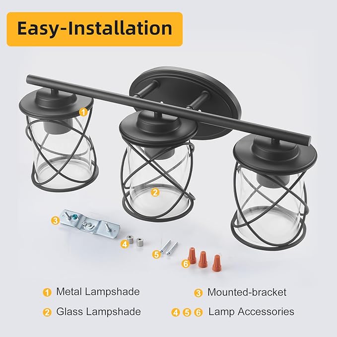 mavcadonf 3-Lights Bathroom Vanity Lights, Bathroom Light Fixtures Over Mirror, Matte Black Vanity Light, Farmhouse Wall Lights with Clear Glass Shade, Bathroom Wall Lamp for Mirror Kitchen Bedroom