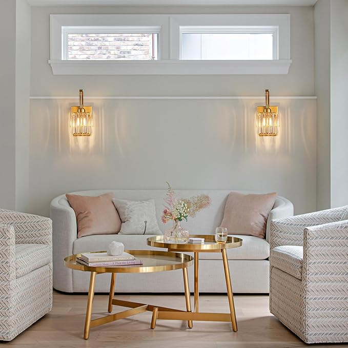 Wall Sconces, Set of 2 Gold Crystal Vanity Lights, Modern Wall Lamp for Bathroom, Hallway, and Makeup, Easy Installation