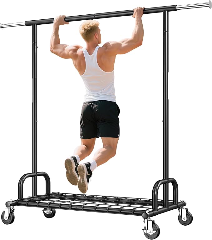 Raybee Heavy Duty Clothes Rack, Clothing Racks for Hanging Heavy Clothes 200+, Rolling Clothing Rack Load 485 LBS, Extendable & Adjustable Portable Commercial Garment Rack with Wheels, Black